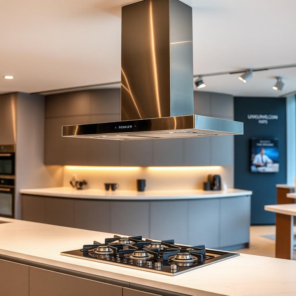 Modern kitchen chimney hood and gas hob display